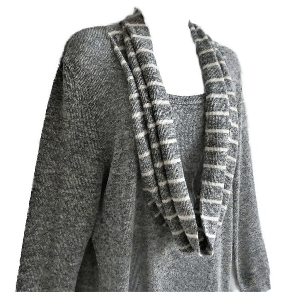 Vintage 90s Y2K Sweater Oversized Comfy Grey Contrasting Stripe Cowl Neck XL - Picture 2 of 6